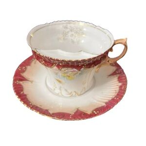 Antique Mustache Teacup Cup & Saucer Scallop Gold Relief Floral Flower Porcelain